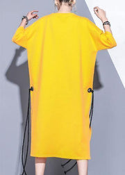 DIY yellow o neck cotton quilting dresses side open Robe summer Dresses - SooLinen