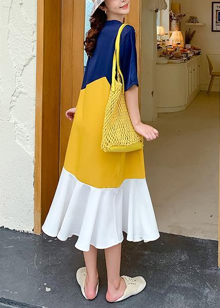 DIY yellow patchwork cotton clothes Women o neck Ruffles Plus Size Dresses - SooLinen