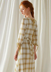 DIY yellow plaid cotton dresses high waist Plus Size fall Dresses - SooLinen