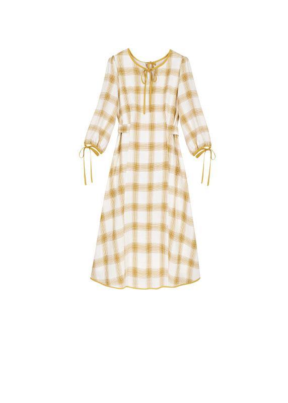 DIY yellow plaid cotton dresses high waist Plus Size fall Dresses - SooLinen