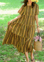 DIY yellow print cotton Long o neck patchwork Maxi summer Dresses - SooLinen