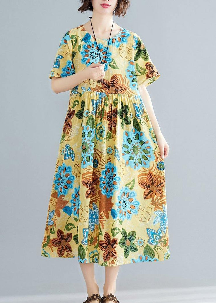 DIY yellow print cotton Tunics o neck patchwork Plus Size summer Dress - SooLinen