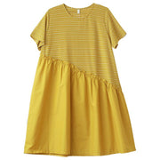 DIY yellow striped Cotton dress o neck patchwork tunic Dress - SooLinen