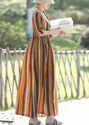 DIY yellow striped cotton linen dresses Fashion Inspiration o neck Half sleeve Plus Size Clothing Summer Dress - SooLinen