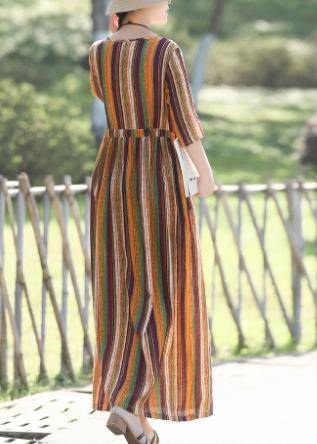 DIY yellow striped cotton linen dresses Fashion Inspiration o neck Half sleeve Plus Size Clothing Summer Dress - SooLinen