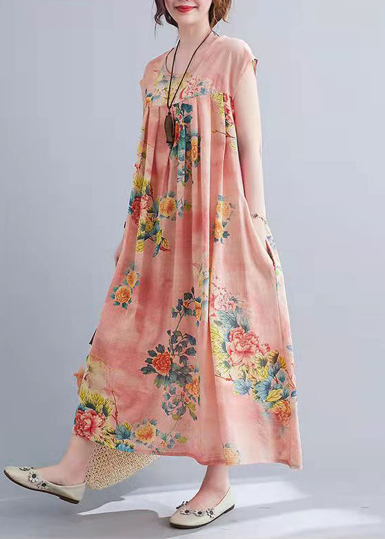 DIY Pink Print Cinched Summer Long Dress
