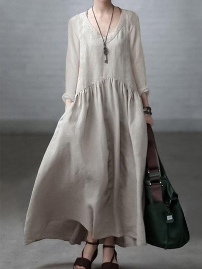 Simple and Loose V-neck Cotton and Linen Dress - SooLinen