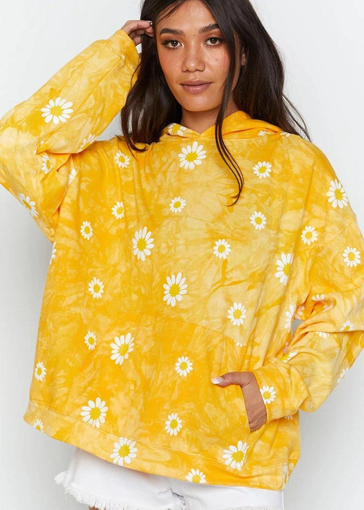Daisy Print Tie Dye Hoodies Women Yellow Sweatshirts - SooLinen