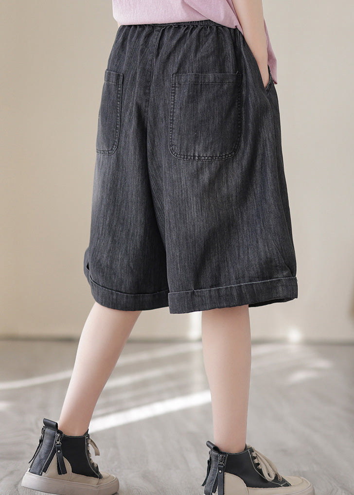 Dark Blue Elastic Waist Cotton Denim Shorts Summer