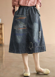 Dark Blue Elastic Waist Embroidered Cotton Denim Ripped Skirts Summer
