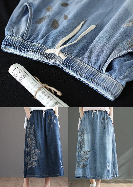 Dark Blue Pockets Cotton Denim Skirt Elastic Waist Ripped Summer