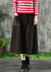 Dark Brown Corduroy Skirts Elastic Waist Button Solid Winter