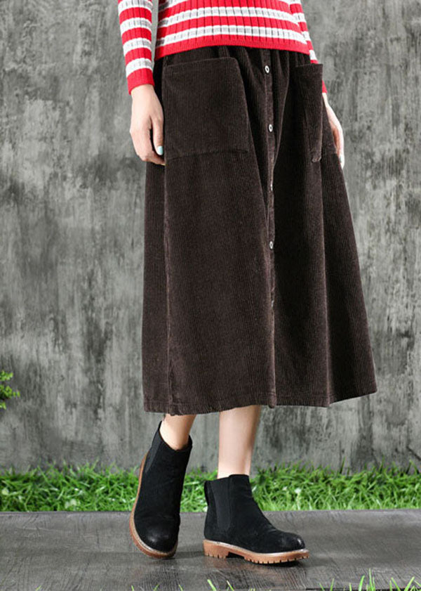 Dark Brown Corduroy Skirts Elastic Waist Button Solid Winter