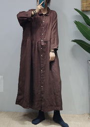 Dark Chocolate Linen Long Dress Cinched Extra large hem Long Sleeve