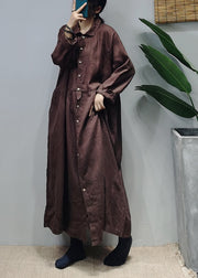 Dark Chocolate Linen Long Dress Cinched Extra large hem Long Sleeve