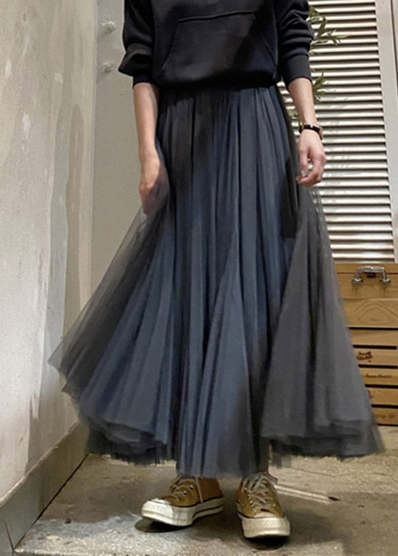 Dark Gray High Waist Pleated Patchwork Tulle Skirts Spring