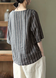 Dark Gray V Neck Button Linen Shirts Half Sleeve