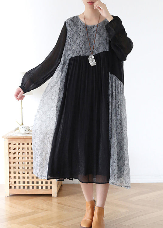 Dark Grey Loose Chiffon Long Dress Wrinkled Asymmetrical Long Sleeve