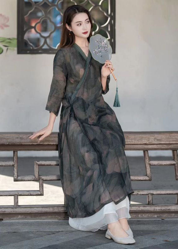 Dark Grey Patchwork Linen Maxi Dresses V Neck Lace Up Summer