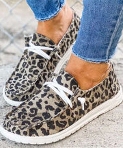 Dark Leopard Print Flat Shoes Cotton Fabric Boutique Lace Up Flat Shoes For Women