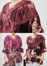 Dark Purple Patchwork Lace Chiffon Shirts V Neck Spring