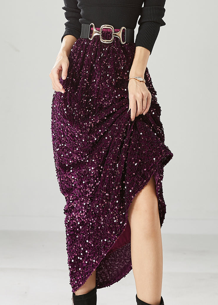 Dark Purple Silm Fit Silk Velour Skirts Sequins Fall
