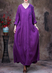 Dark Purple V Neck Embroidered Floral Linen Dress Long Sleeve