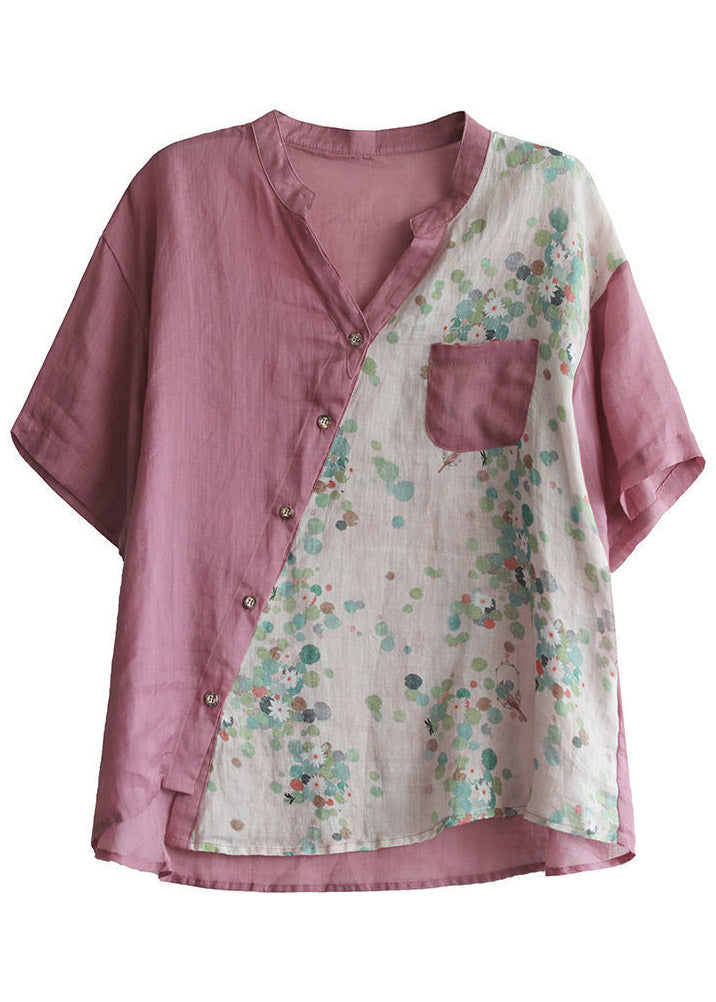 Deep Pink Patchwork Shirt Tops Button Pockets Short Sleeve