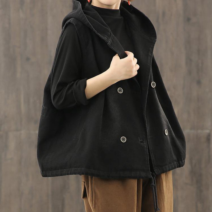 Denim Black Waistcoat 2021 Autumn Loose Large Size Tooling Double Breasted Hooded Vest - SooLinen