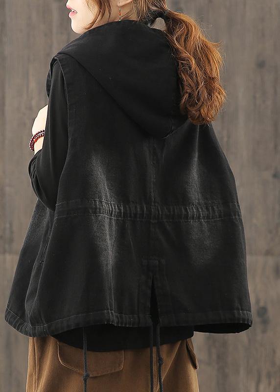 Denim Black Waistcoat 2021 Autumn Loose Large Size Tooling Double Breasted Hooded Vest - SooLinen