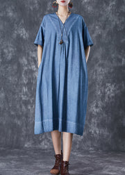 Denim Blue Cotton Robe Dresses Oversized Pockets Summer