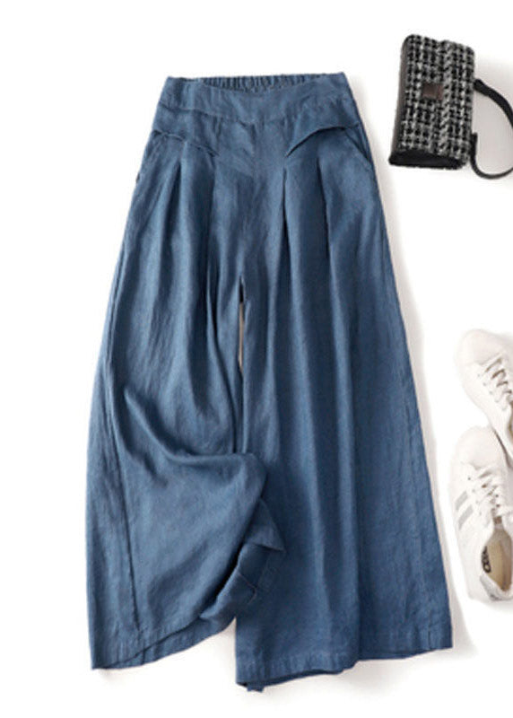 Jeansblau Leinen Hose mit weitem Bein Taschen Hohe Taille Sommer
