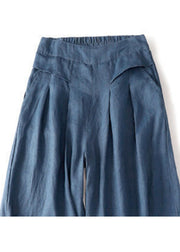 Jeansblau Leinen Hose mit weitem Bein Taschen Hohe Taille Sommer