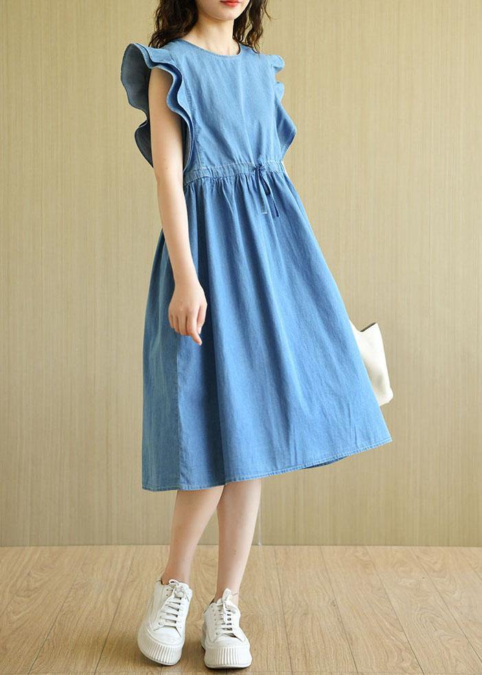 Denim Blue Loose Butterfly Sleeve Summer Cotton Dress - SooLinen