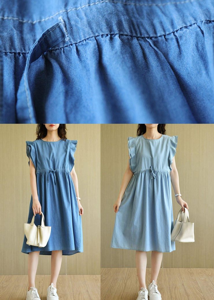 Denim Blue Loose Butterfly Sleeve Summer Cotton Dress - SooLinen