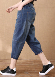 Denim Blue Patchwork Cotton Crop Pants Elastic Waist Pockets Summer