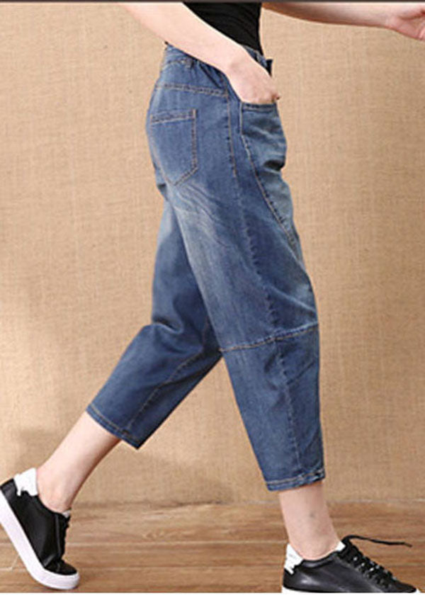 Denim Blue Patchwork Cotton Crop Pants Elastic Waist Pockets Summer