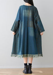 Denim Blue Patchwork Cotton Dress Oversized Applique Spring