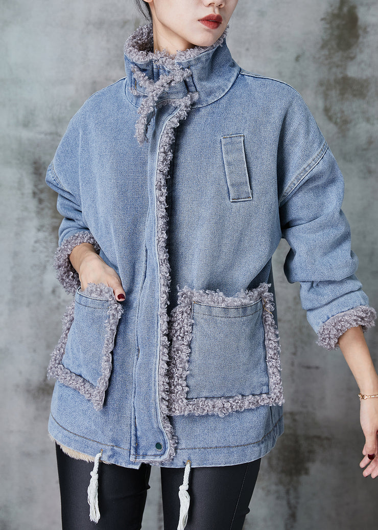 Denim Blue Patchwork Fleece Wool Lined Coat Oversized Winter
