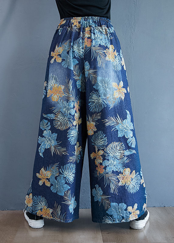 Denim Blue Print Cotton Wide Leg Pants Elastic Waist Spring