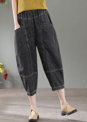 Denim Grey Patchwork Cotton Crop Pants High Waist Pockets Summer