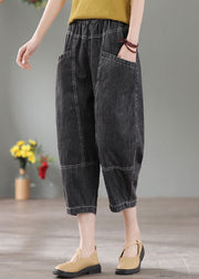 Denim Grey Patchwork Cotton Crop Pants High Waist Pockets Summer