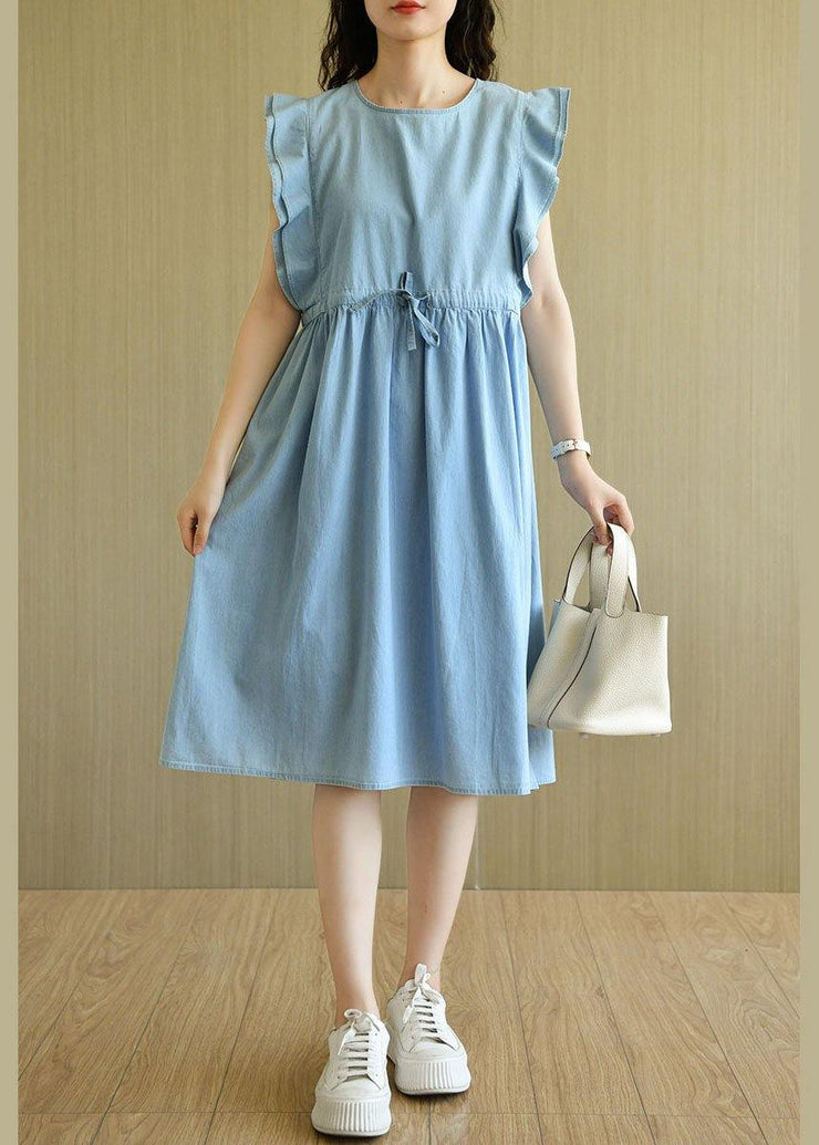 Denim Light Blue O-Necktie Waist Summer Cotton Dresses Sleeveless - SooLinen