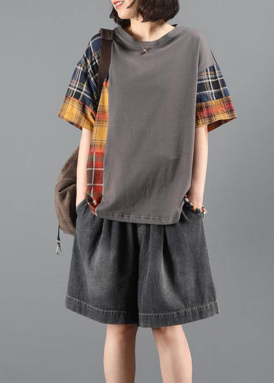 Denim shorts suit women summer loose gray plaid stitching two-piece suit - SooLinen