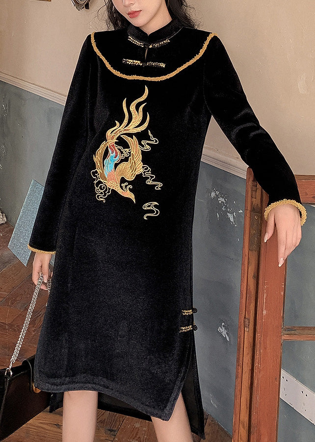 Dinner Black Stand Collar Embroidered Side Open Low High Design Button Velour Vacation Long Dresses Spring