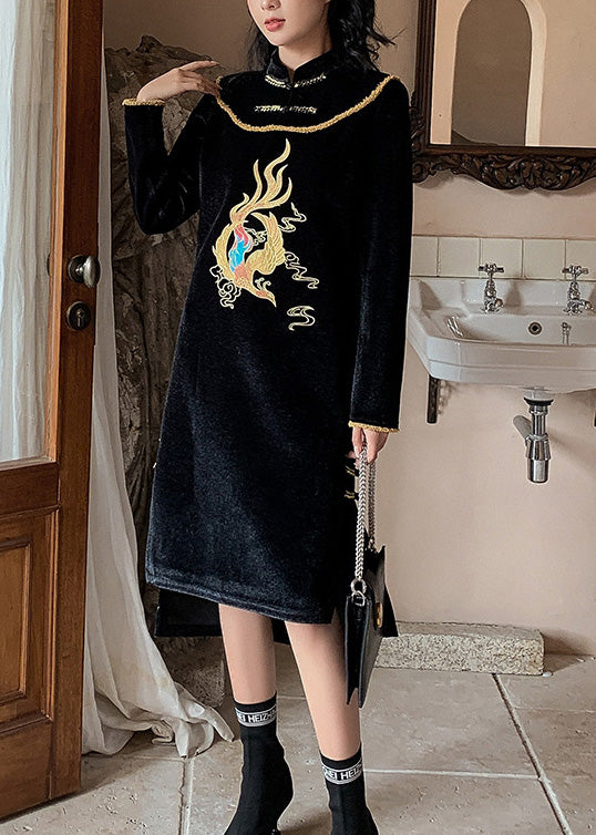 Dinner Black Stand Collar Embroidered Side Open Low High Design Button Velour Vacation Long Dresses Spring