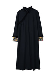 Dinner Black Stand Collar Warm Fleece Mink Hair Maxi Dress Long Sleeve