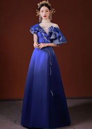 Dinner Blue Turtleneck Asymmetrical Ruffled Tulle Patchwork Silk Vacation Long Dresses Summer