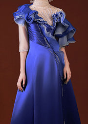 Dinner Blue Turtleneck Asymmetrical Ruffled Tulle Patchwork Silk Vacation Long Dresses Summer