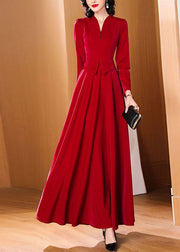Dinner Red V Neck Patchwork Button Party Long Dress Fall